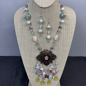 Handmade Necklace Earrings Set Butterfly Flowers Art Glass Quartz Beaded Pastel